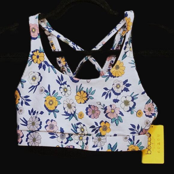 Becco Lilac Floral Sports Bra Criss Cross Ruffle Straps Size Small - Picture 1 of 5